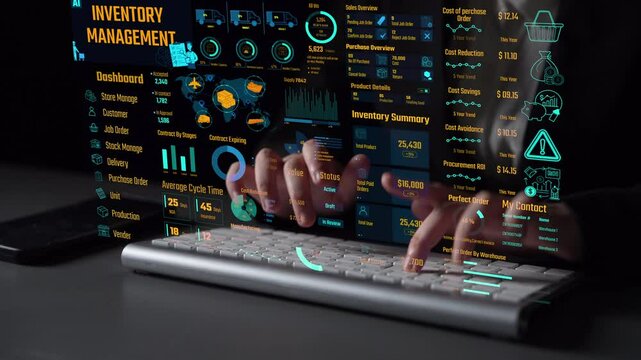 Inventory management dashboard showing supply chain performance, stock levels, order cycle times, cost reduction, and procurement ROI. Inventory tracking, and streamline warehouse efficiency. Thunk