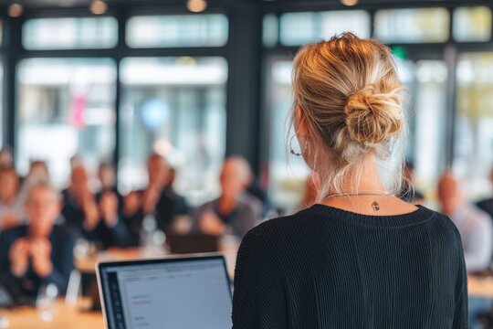 A blonde woman with her hair in a bun, seen from behind, presents to a blurred audience in a modern, bright room, a laptop visible before her - Powered by Adobe