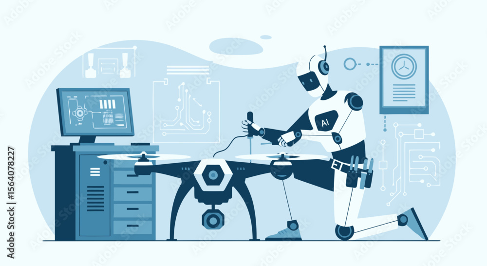 Poster artificial intelligence robot fixing drone with digital blueprints on the computer
