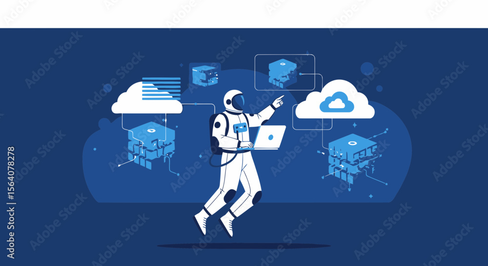 Poster astronaut connecting to cloud network for data transfer and information access