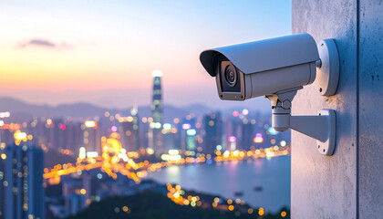 Security Surveillance Over City: A vigilant security camera keeps watch over a sprawling metropolis, poised against the backdrop of a vibrant cityscape at dusk.