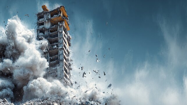Imploding building with debris flying into the air against a blue sky. Destruction scene for construction and development concept.