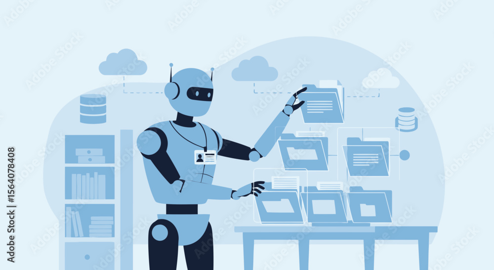 Poster automated data management: robot arm organizing digital files in cloud network