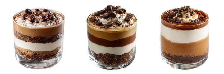Set of Elegant layered coffee dessert with chocolate and cream isolated on a transparent background