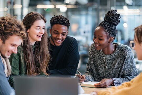 Diverse group of young adults collaborate on a project, leaning in together around a laptop and notebook, smiles and engagement evident