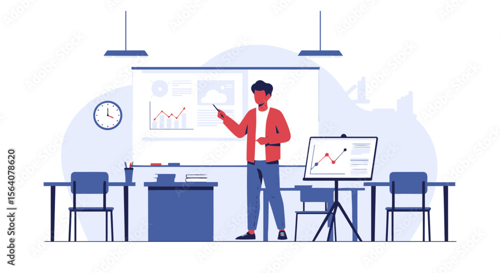 Poster business presentation man analyzing data with graph on screen in office room