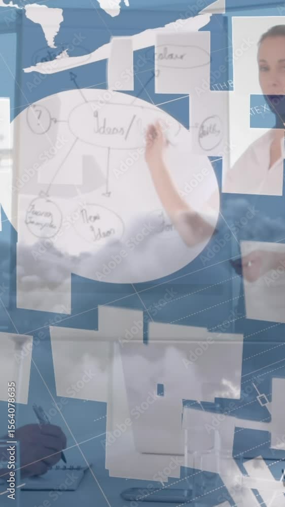 Poster animation of statistics and data processing with memo notes over diverse business people