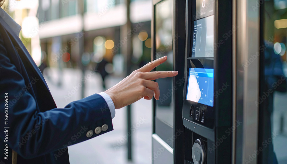 Poster modern touch interface: a person's finger delicately interacts with a sophisticated touch interface,
