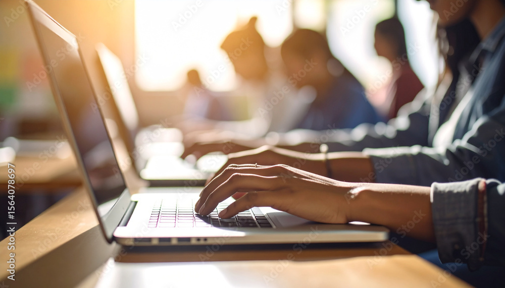 Poster tech in the classroom: a row of students diligently types on laptops in a bright, modern classroom s