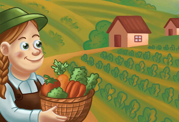 Flat illustration of a female farmer holding a basket of vegetables. Rural landscape in the background