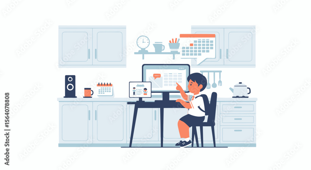 Poster boy studying remotely at home attending virtual class online with computer