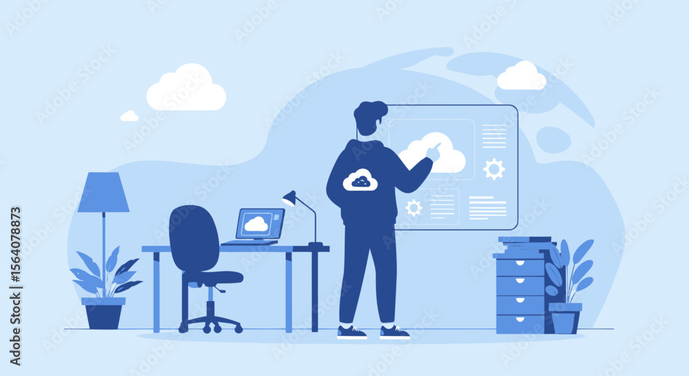 Poster cloud computing management interface with man working on digital transformation