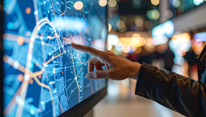 Interactive Navigation: Close-up of a hand interacting with a digital map on a touch screen, showcasing innovative technology for easy wayfinding and travel guidance.
