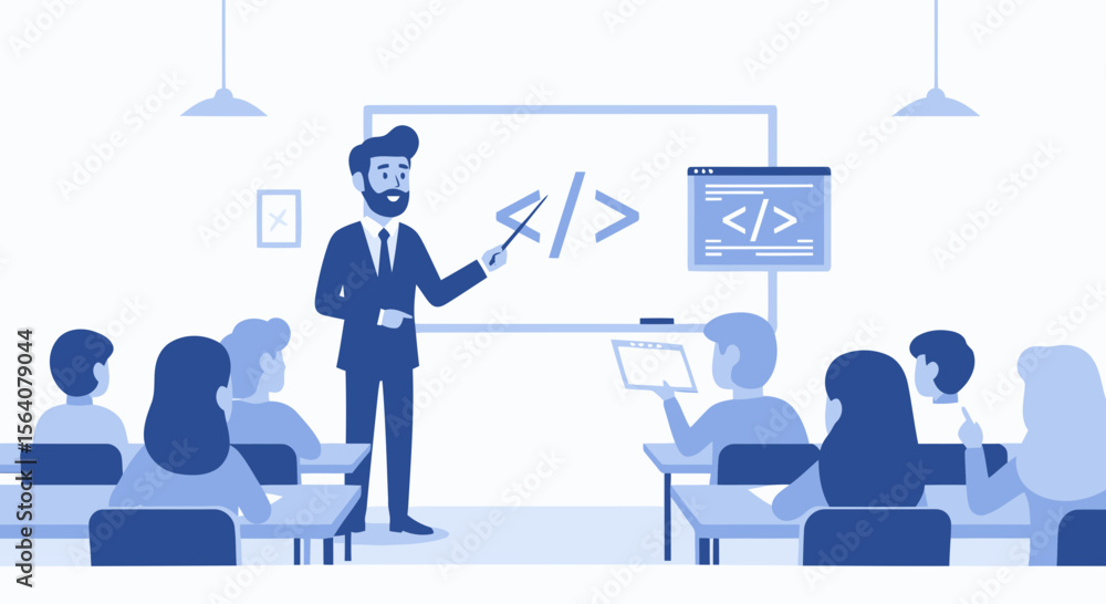 Poster coding instructor giving a lecture to students in the classroom illustration