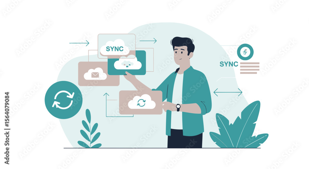 Poster cloud synchronization service and man managing data sharing seamlessly illustration