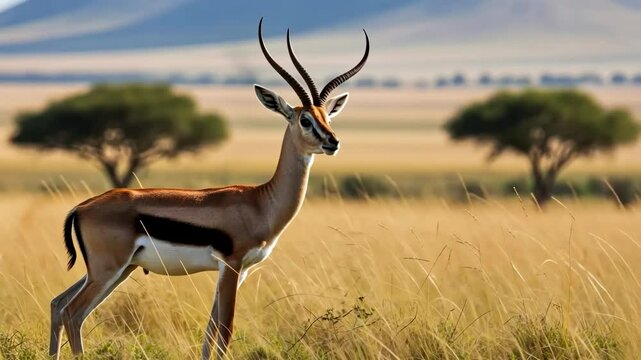 Elegant Thomson's gazelle in savanna grassland landscape with trees, Africa wildlife.