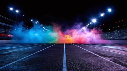Rainbow smoke on a race track at night, illuminated by stadium lights, creating a vibrant and colorful scene. Nighttime action and a vibrant show of color.