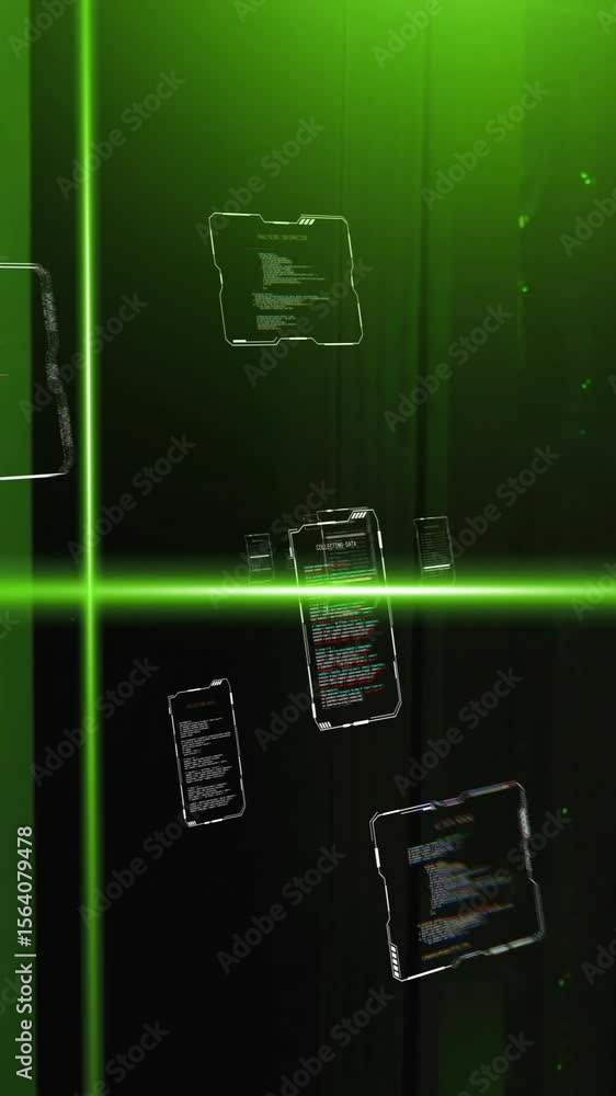 Poster data processing animation over green-lit server room with floating code screens