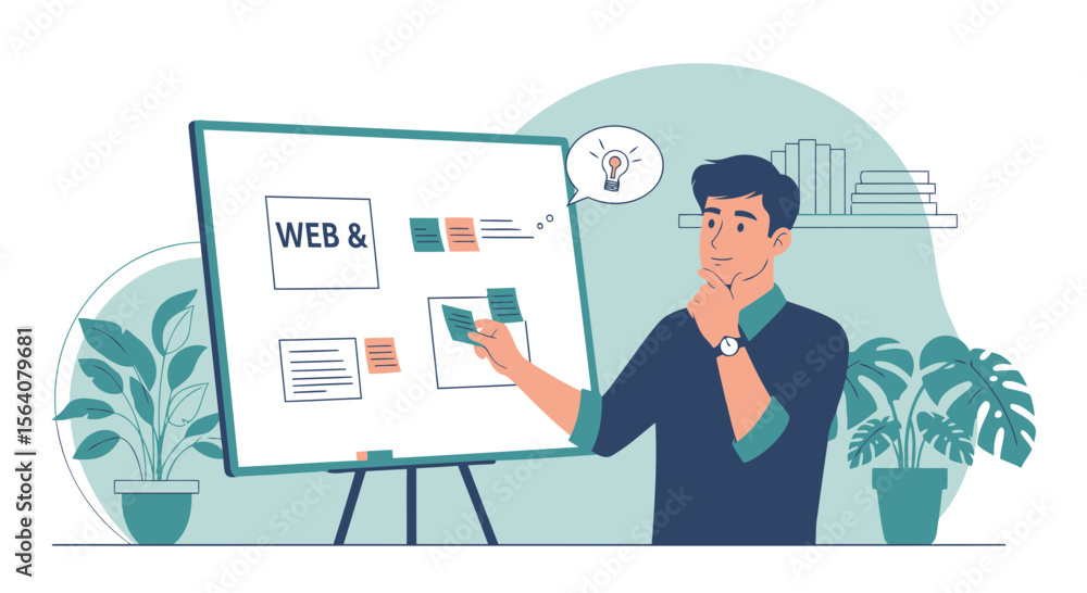 Poster creative web designer brainstorming ideas for website design project with whiteboard