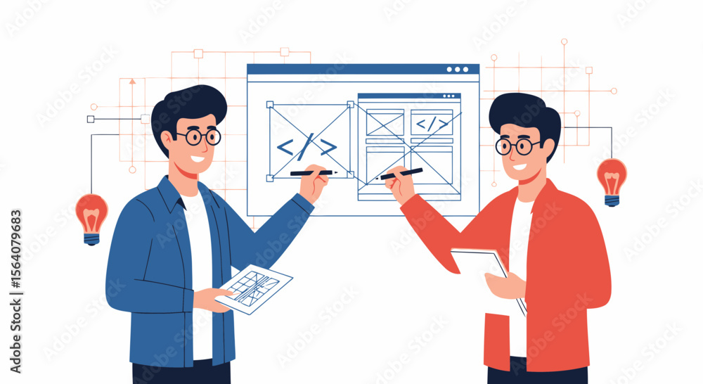 Poster creative web developers collaborating on an innovative application design project