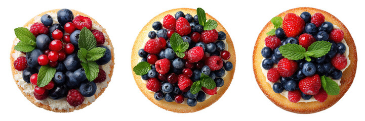 Set of Delicious sponge cake topped with mixed berries and mint leaves garnish top view isolated on a transparent background