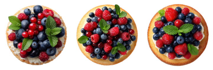 Set of Delicious sponge cake topped with mixed berries and mint leaves garnish top view isolated on a transparent background