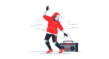Obraz premium Dancing Robot Grooves With Retro Boombox For Tech Enthusiast And Music Loving Audiences