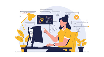 Naklejka premium Cybersecurity Engineer Analyzing Network Data On Multiple Displays Illustration