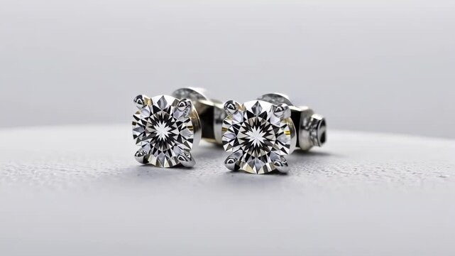Pair of round cut diamond stud earrings, jewelry, luxury, brilliance, gem, fashion. Close-up studio shot on clean white background.