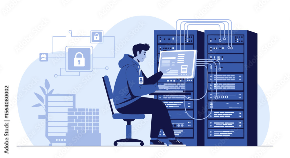 Poster data center engineer maintaining server infrastructure for cybersecurity protection