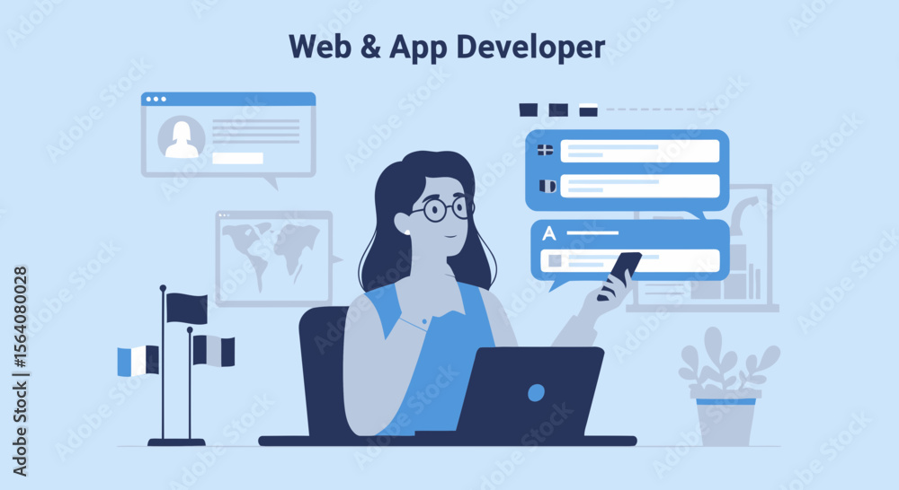 Poster dedicated app developer working on creative interface and user experience at workplace