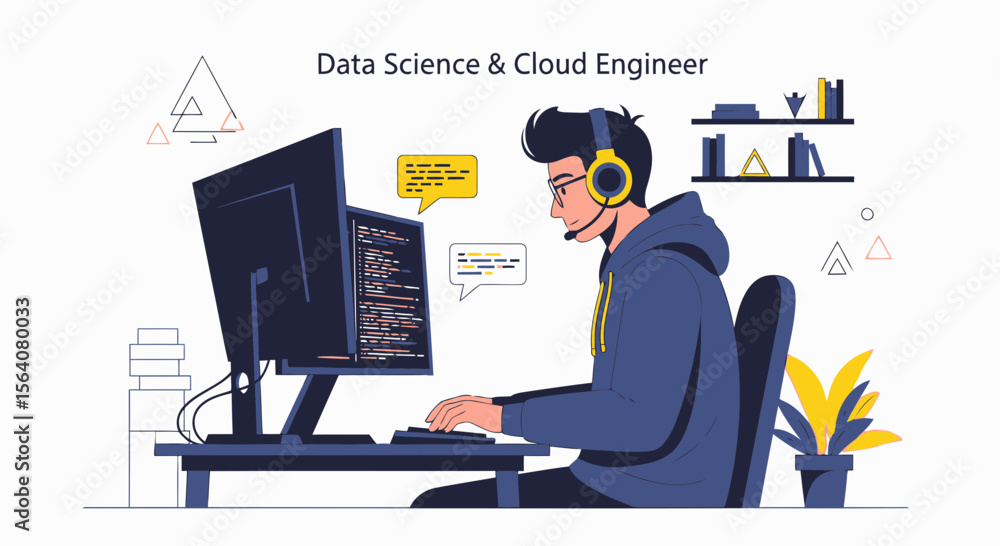 Poster data scientist coding in office at computer desk with headphones and plant