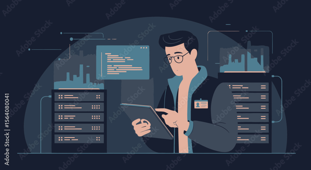 Poster data center technician with tablet inspecting servers and network performance