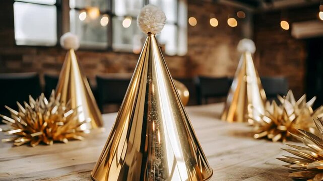 Golden party hats and decorative elements on a wooden table in a festive setting. Warm lighting enhances the celebratory atmosphere.