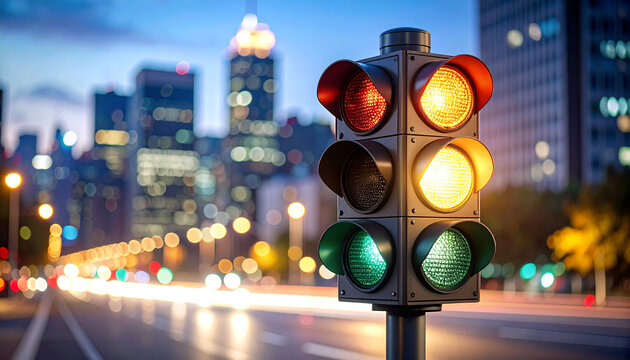 Urban Traffic Signal: A close-up view of a traffic signal against the backdrop of a vibrant cityscape, with the city lights blurred in the background, it captures the city's pulse.