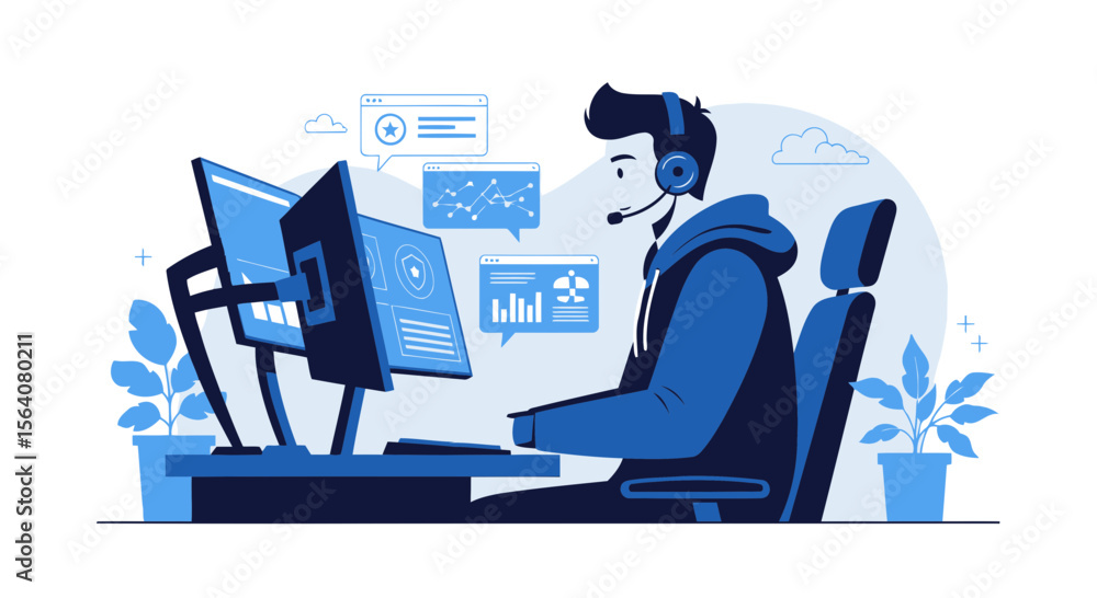 Poster dedicated remote worker analyzing data with dual monitors for business development