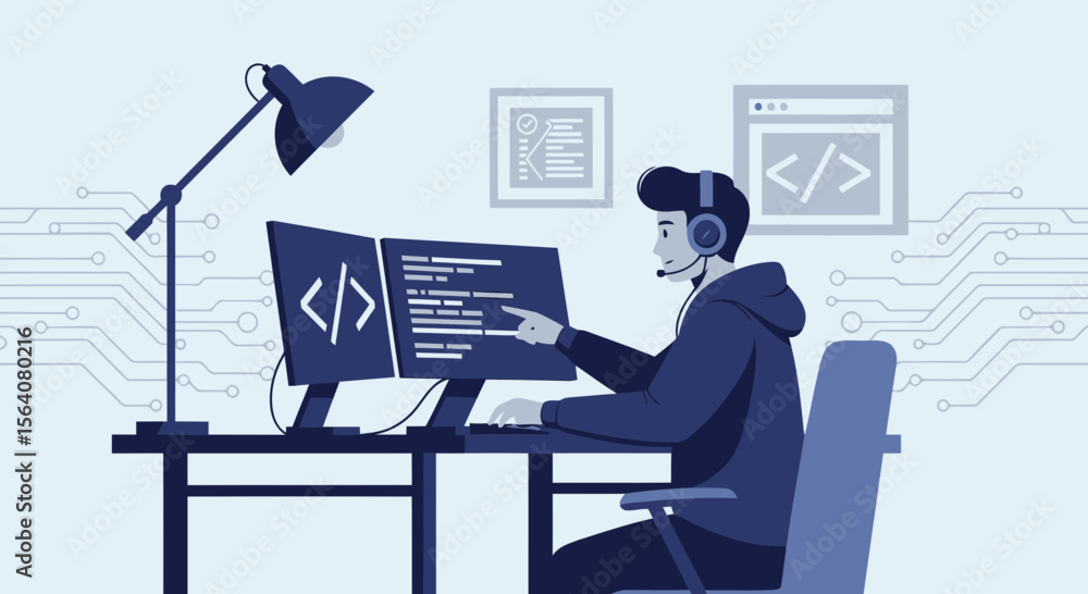 Poster dedicated software developer immersed in intensive coding on dual monitor setup