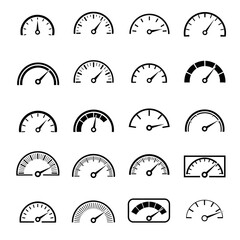A collection of various gauge and speedometer icons, isolated on white background, representing measurement and performance indicators