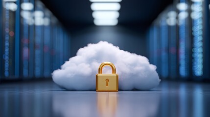 Cloud security concept with a gold padlock in front of a cloud in a computer server room emphasizing secure data storage and protection online.