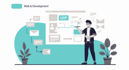 Designer Planning User Interface With Flowchart And UI Map On Whiteboard