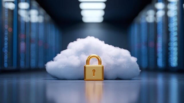 Cloud security concept with a gold padlock in front of a cloud in a computer server room emphasizing secure data storage and protection online. - Powered by Adobe