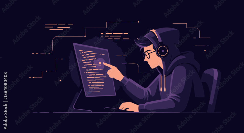 Poster developer working diligently on coding project late at night in his room