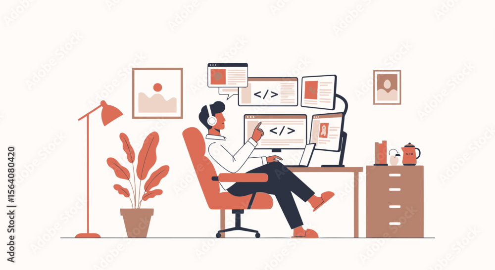 Aufkleber developer working from home with multiple screens flat vector illustration