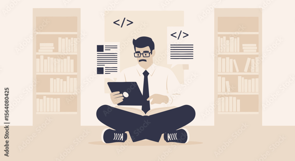 Poster developer working on application code in library illustration concept