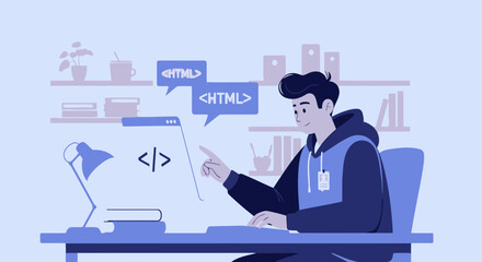 Developer Working On Code At His Desk In A Home Office Environment