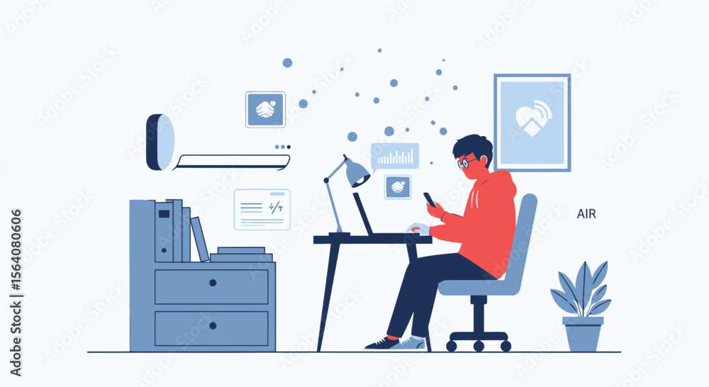 Poster digital nomad working from home using smartphone and laptop in relaxed environment