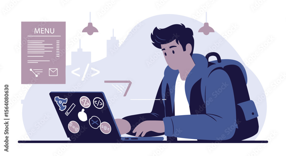 Poster digital nomad programmer working remotely at cafe with laptop and urban view