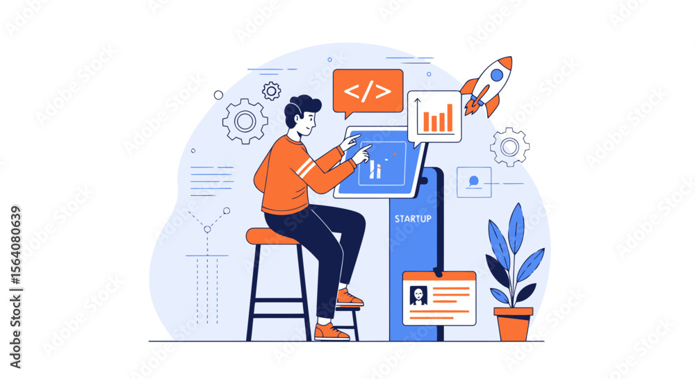 Poster digital innovation and development startup concept man designs web application