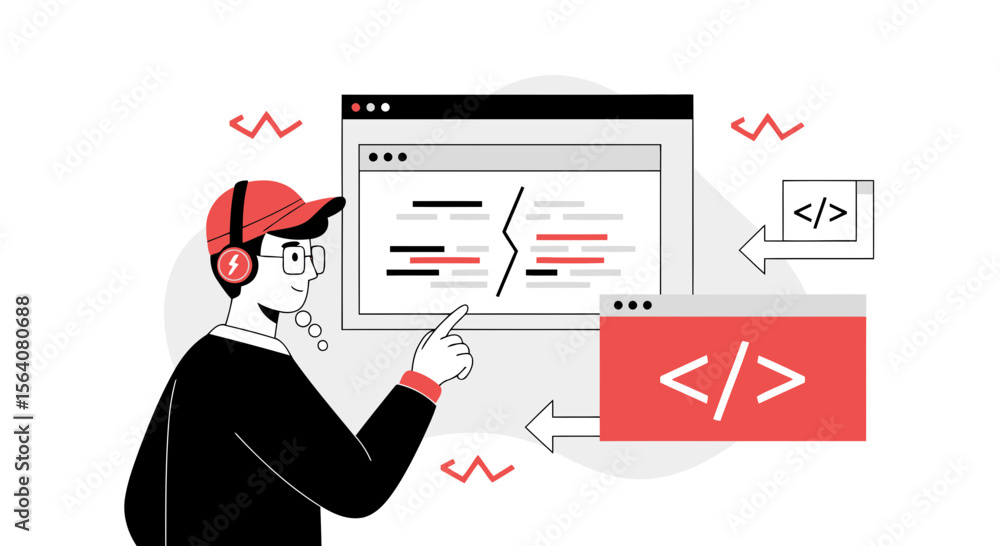 Poster engaged software developer analyzing code while listening to music on headphones