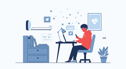 Digital Nomad Working From Home Using Smartphone And Laptop In Relaxed Environment